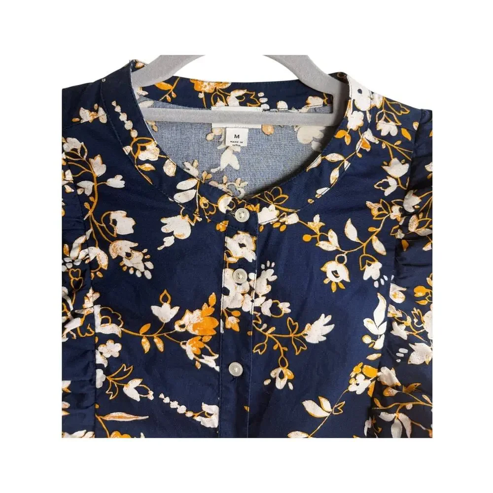 J.Crew Floral Ruffle Blouse Medium Navy Blue Cotton Button Front Classic Top